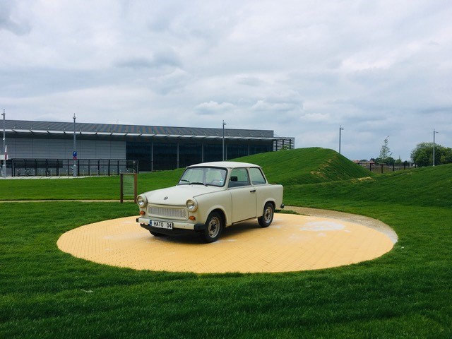 Trabi in NATO HQ, atop yellow tiles, April 2020